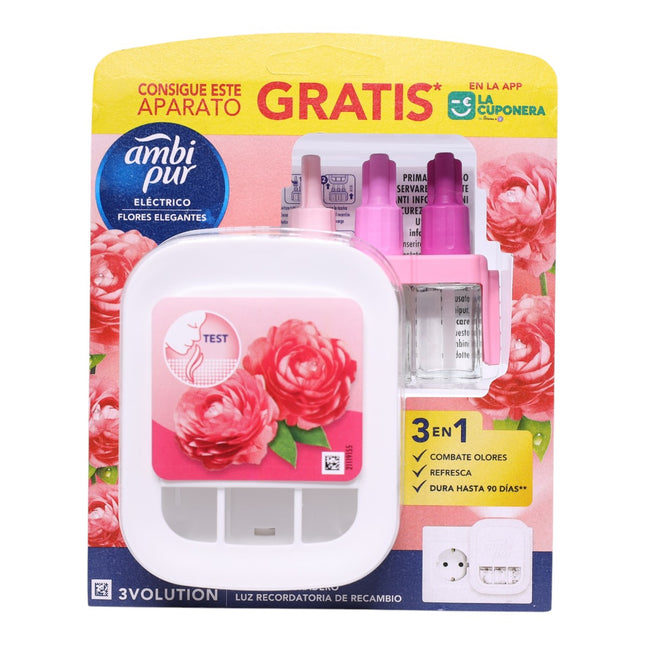Ambi Pur 3Volution Eléctrico Flores Elegantes, Aparato + Recambio, Ambientador Enchufable 3 en 1, Combate Olores, Refresca y Dura hasta 90 Días