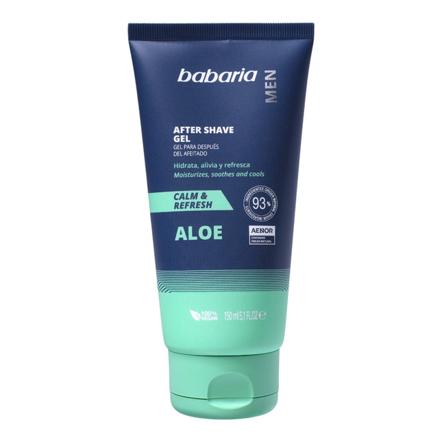 Babaria Men After Shave Gel Aloe 150 ml – Gel para después del afeitado Calm & Refresh, 93% origen natural, 100% vegano, calma la irritación, hidrata y refresca