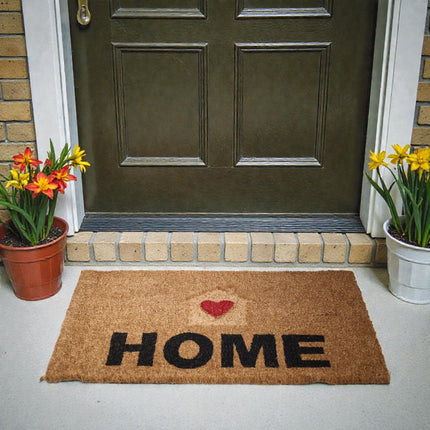 Felpudo de Coco “HOME con Corazón” – 70×40 cm – Fibra de coco natural con base antideslizante PVC | Alfombrilla entrada interior/exterior protegido