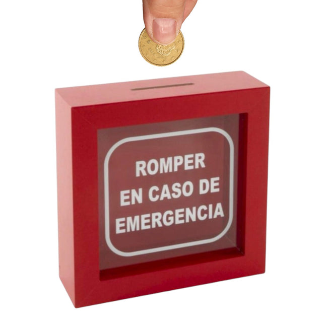 Hucha Cuadro “Romper en Caso de Emergencia” 15×15×5 cm – Marco rojo con cristal, ranura superior, de sobremesa o para colgar – Regalo original