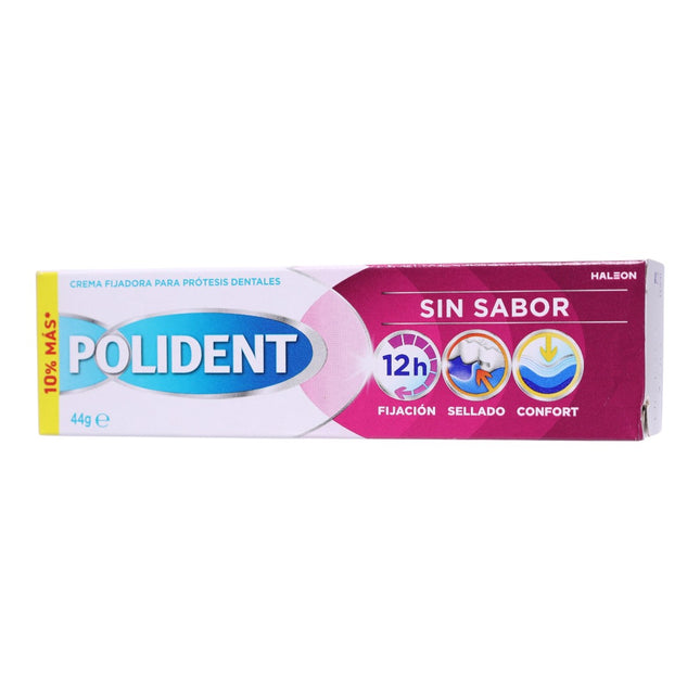 Polident Crema Fijadora para Prótesis Dentales Sin Sabor 44 g, Fijación hasta 12 h, Sellado y Confort, para Prótesis Completas, Parciales, Superiores e Inferiores