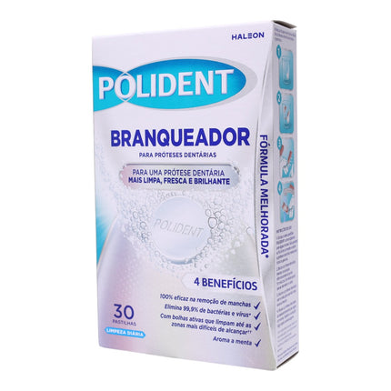 Polident Blanqueador Pastillas Limpiadoras para Prótesis Dentales, 30 Pastillas, Limpieza Diaria, Acción Desinfectante, Frescor a Menta, Ayuda a Eliminar Manchas y Mantener el Blanco Natural