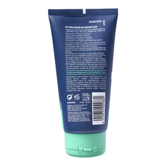 Babaria Men After Shave Gel Aloe 150 ml – Gel para después del afeitado Calm & Refresh, 93% origen natural, 100% vegano, calma la irritación, hidrata y refresca