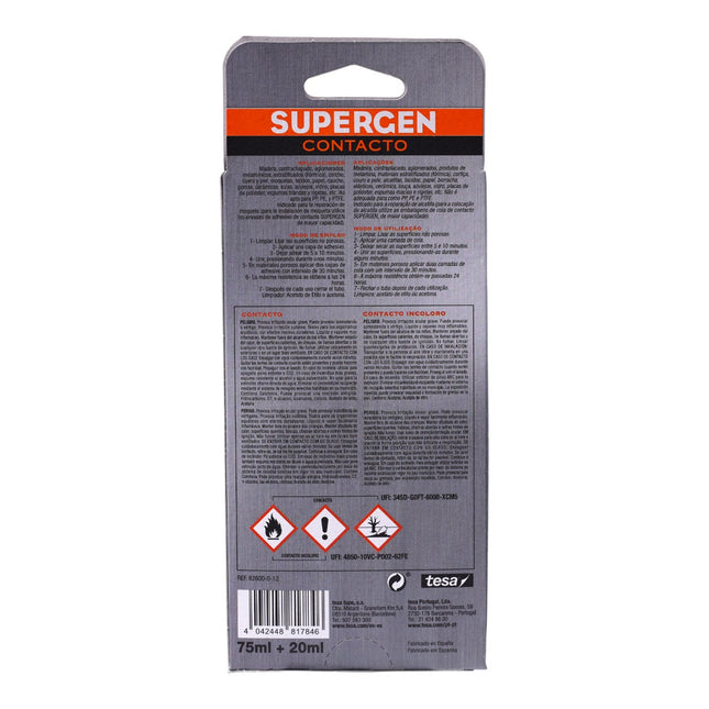SUPERCEN Contacto – Adhesivo de contacto resistente 75 ml + 20 ml gratis (95 ml), pegamento multiusos de neopreno para madera, cuero, caucho, corcho, moqueta, metal, cerámica y tejidos – Unión fuerte y duradera