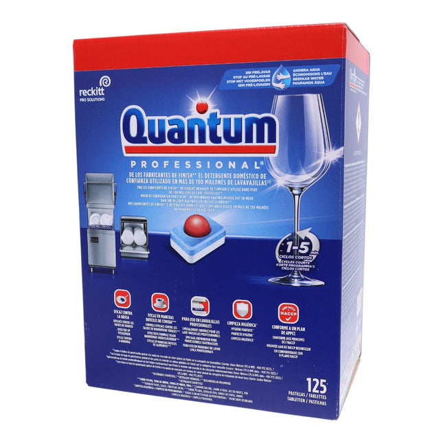 Quantum Professional Pastillas para Lavavajillas Uso Profesional, 125 Pastillas, Limpieza Profunda, Acción Desengrasante, Brillo en Vajilla y Cristalería, Apto para Ciclos Cortos de 1 a 5 Minutos