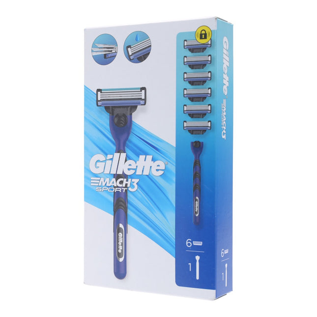Gillette Mach3 Sport – Maquinilla de afeitar para hombre + 6 recambios | Triple hoja, banda lubricante calmante y microtiras protectoras
