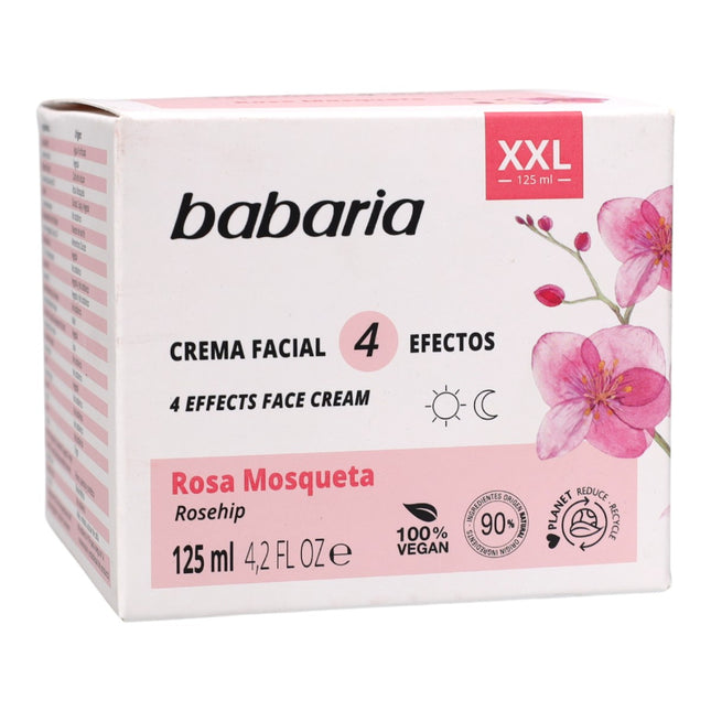 Babaria Crema Facial 4 Efectos Rosa Mosqueta XXL 125 ml – Acción Antiedad Completa para una Piel Firme, Hidratada y Luminosa
