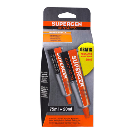 SUPERCEN Contacto – Adhesivo de contacto resistente 75 ml + 20 ml gratis (95 ml), pegamento multiusos de neopreno para madera, cuero, caucho, corcho, moqueta, metal, cerámica y tejidos – Unión fuerte y duradera