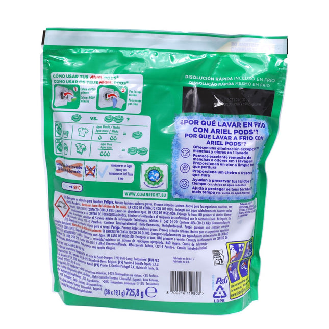 Detergente en cápsulas ARIEL Todo en 1 Pods Frescor Alpino – 38 lavados, elimina manchas y malos olores en frío