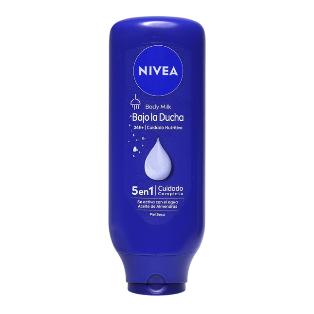 NIVEA Body Milk Bajo la Ducha 5en1, Loción Corporal Hidratante con Aceite de Almendras, Piel Seca, 24h Hidratación, 400 ml
