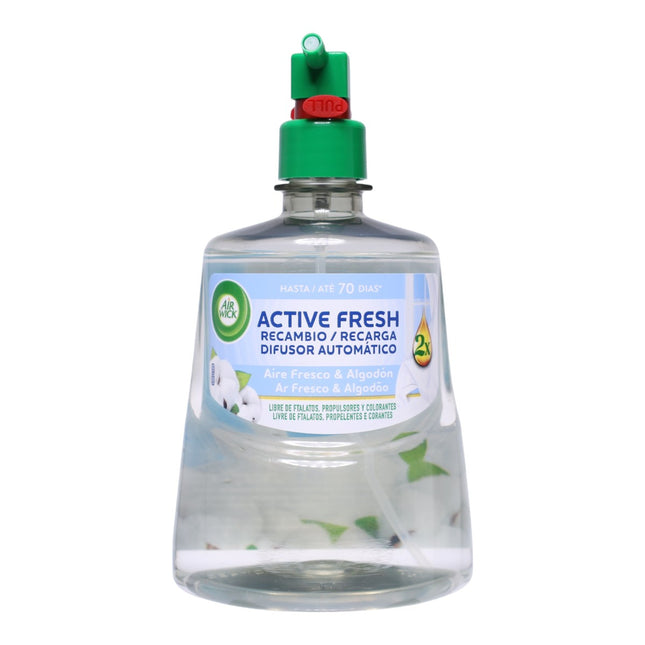 Air Wick Active Fresh Recambio Difusor Automático Aire Fresco & Algodón 228 ml, Ambientador Líquido para Casa, Hasta 70 Días, Libre de Ftalatos, Propulsores y Colorantes