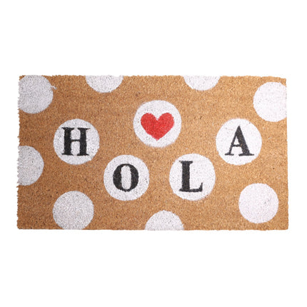 Felpudo de Coco “HOLA ♥” Con corazón y lunares – 70×40 cm – Fibra de coco natural con base antideslizante PVC | Alfombrilla entrada interior/exterior protegido