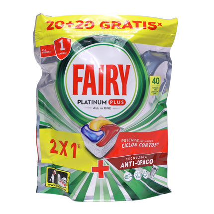 Fairy Platinum Plus All in One 40 Cápsulas Lavavajillas – 20+20 Gratis, Tecnología Anti-Opaco