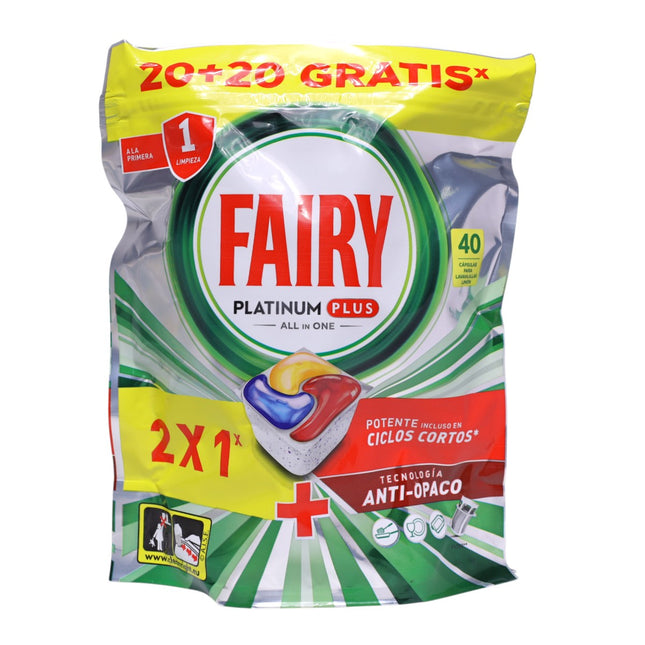Fairy Platinum Plus All in One 40 Cápsulas Lavavajillas – 20+20 Gratis, Tecnología Anti-Opaco