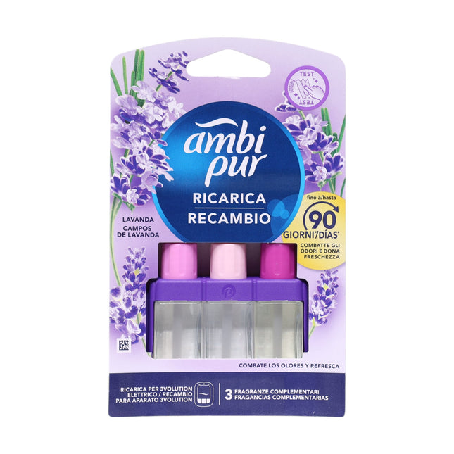 Ambi Pur 3Volution Recambio Ambientador Eléctrico Lavanda 20 ml, 3 Fragancias Complementarias, Hasta 90 Días, Combate Olores y Refresca
