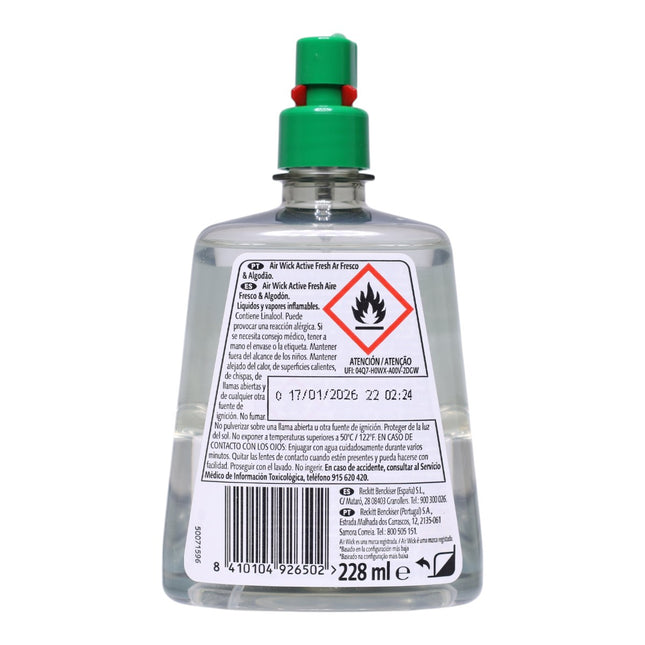 Air Wick Active Fresh Recambio Difusor Automático Aire Fresco & Algodón 228 ml, Ambientador Líquido para Casa, Hasta 70 Días, Libre de Ftalatos, Propulsores y Colorantes