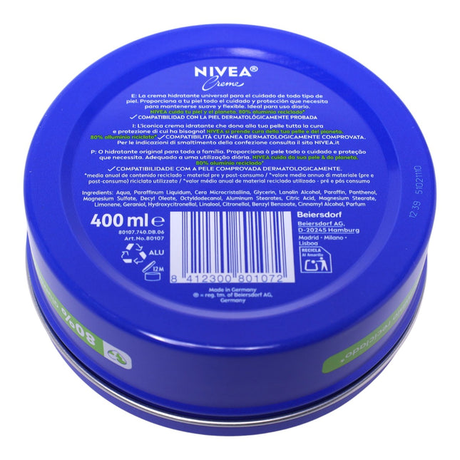Crema Hidratante NIVEA Creme Lata 400 ml – Cuidado Universal para Cara, Cuerpo y Manos, 80% Aluminio Reciclado