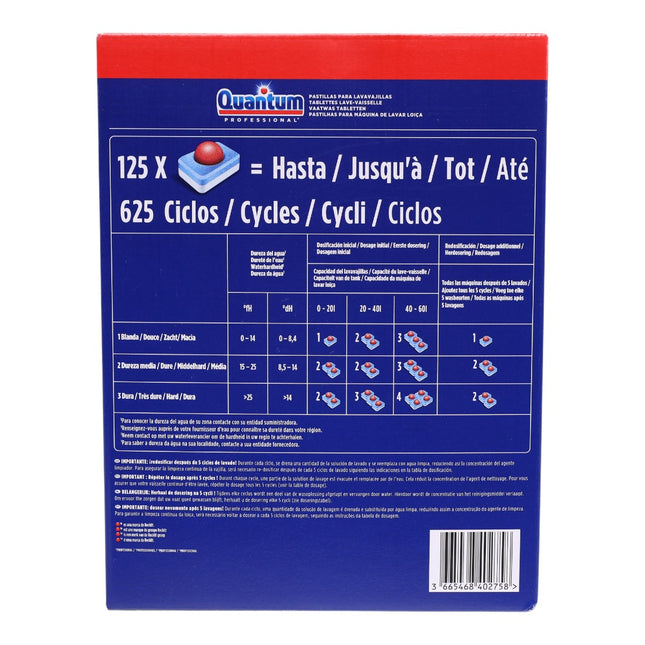 Quantum Professional Pastillas para Lavavajillas Uso Profesional, 125 Pastillas, Limpieza Profunda, Acción Desengrasante, Brillo en Vajilla y Cristalería, Apto para Ciclos Cortos de 1 a 5 Minutos