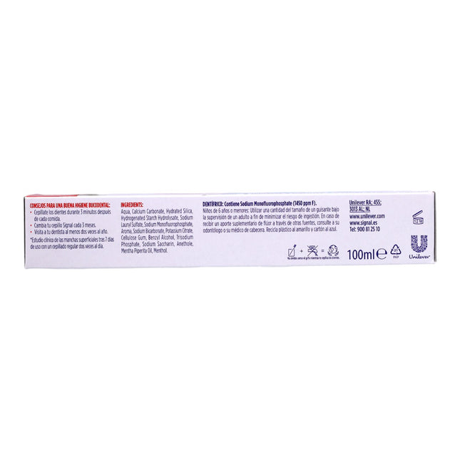 Signal Pasta de Dientes Blanqueador con Bicarbonato, Pack Ahorro 4×100 ml – 4 en 1: Anticaries, Blanquea, Fortalece el esmalte y Frescor duradero – Con flúor (1450 ppm)