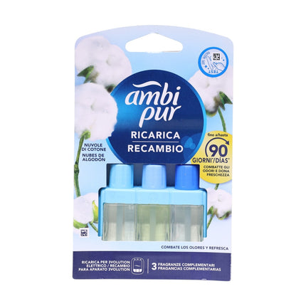 Ambi Pur 3Volution Recambio Ambientador Eléctrico Nubes de Algodón 20 ml, 3 Fragancias Complementarias, Hasta 90 Días, Combate Olores y Refresca