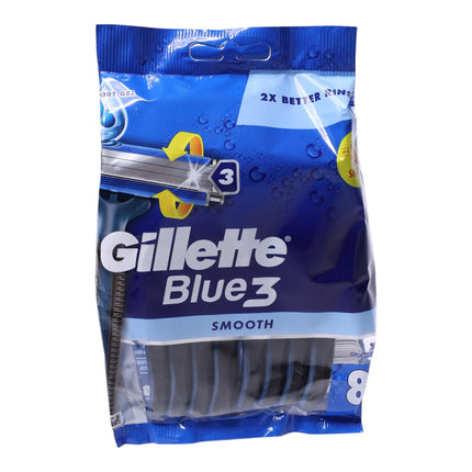 Gillette Blue3 Smooth Maquinillas de Afeitar Desechables para Hombre, 3 Hojas, Cabezal Pivotante, Pack de 8 Unidades