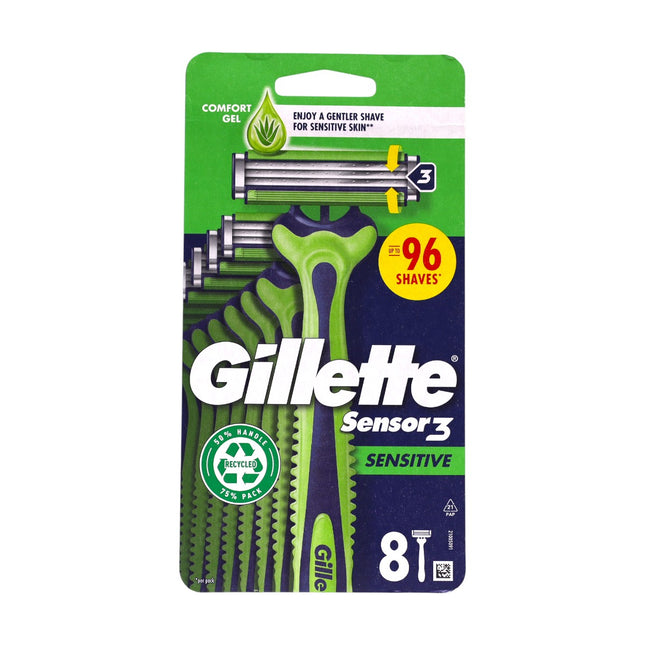 Gillette Sensor3 Sensitive – 8 cuchillas desechables, 3 hojas + banda lubricante ComfortGel, cabezal pivotante para piel sensible