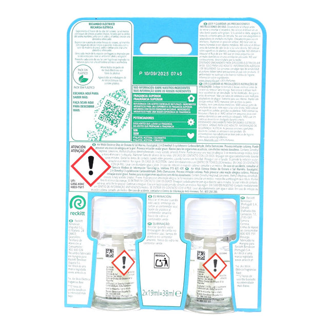 Air Wick Recambio Eléctrico Olas de Océano & Sal Marina, Ambientador Eléctrico con Aceites Esenciales, Hasta 240 Días, 2 x 19 ml