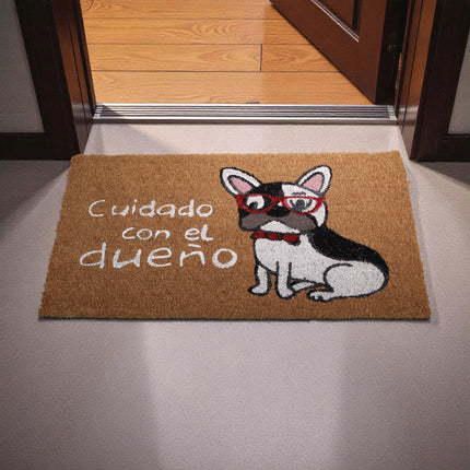 Felpudo de Coco 70×40 cm – “Cuidado con el dueño” (Bulldog) – Antideslizante con base PVC, atrapa-suciedad, uso interior/exterior cubierto, resistente y fácil de limpiar