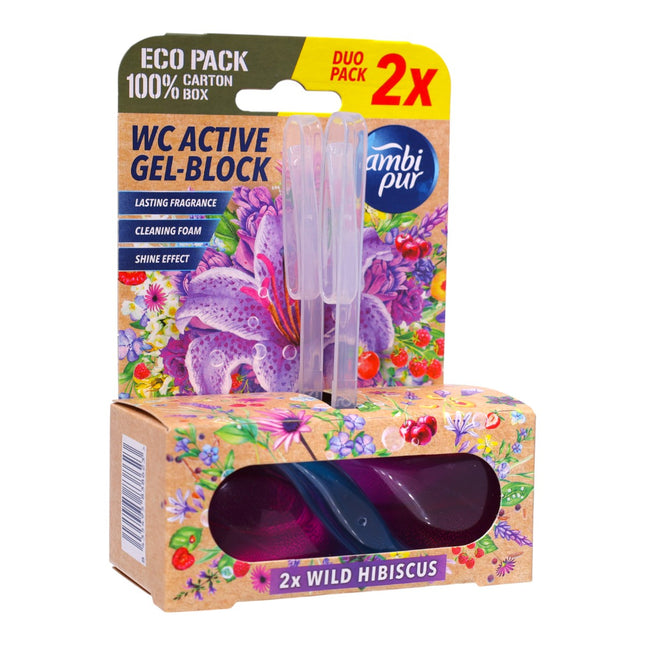 Ambi Pur WC Active Gel-Block ambientador inodoro 2x45 g, Wild Hibiscus, bloque gel activo con soporte, espuma limpiadora y efecto brillo, eco pack caja cartón