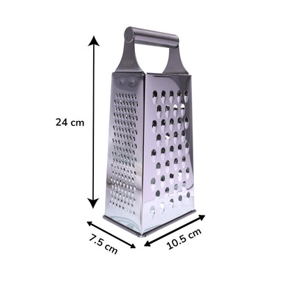 Rallador de cocina 4 caras de acero inoxidable, rallador de queso y verduras con asa superior, 24 cm de alto, base 10,5 x 7,5 cm