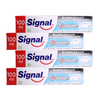Signal Pasta de Dientes Blanqueador con Bicarbonato, Pack Ahorro 4×100 ml – 4 en 1: Anticaries, Blanquea, Fortalece el esmalte y Frescor duradero – Con flúor (1450 ppm)