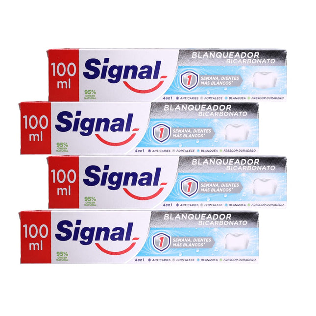 Signal Pasta de Dientes Blanqueador con Bicarbonato, Pack Ahorro 4×100 ml – 4 en 1: Anticaries, Blanquea, Fortalece el esmalte y Frescor duradero – Con flúor (1450 ppm)
