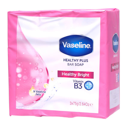 Vaseline Healthy Bright jabón en pastilla 3x75 g con vitamina B3 y Vaseline Jelly, pack de limpieza, hidratación e iluminación intensa para rostro y cuerpo