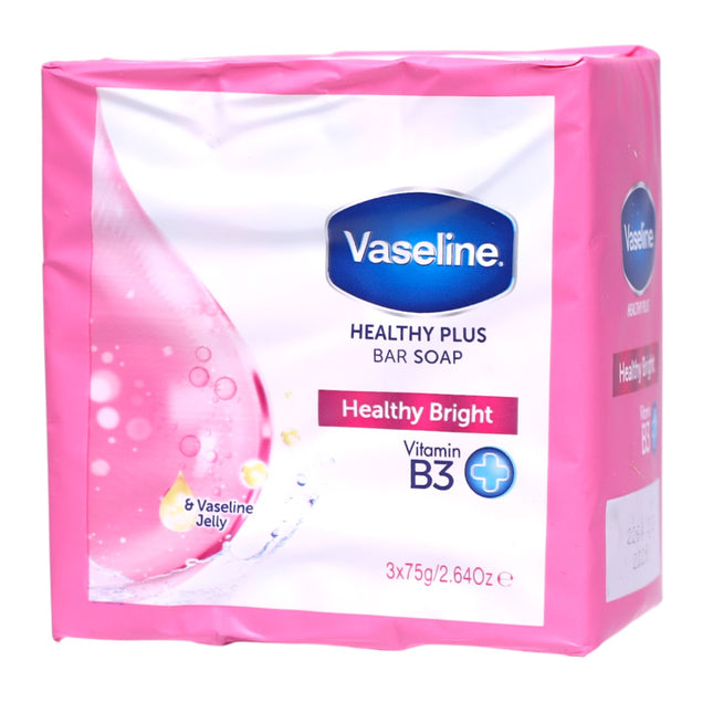Vaseline Healthy Bright jabón en pastilla 3x75 g con vitamina B3 y Vaseline Jelly, pack de limpieza, hidratación e iluminación intensa para rostro y cuerpo