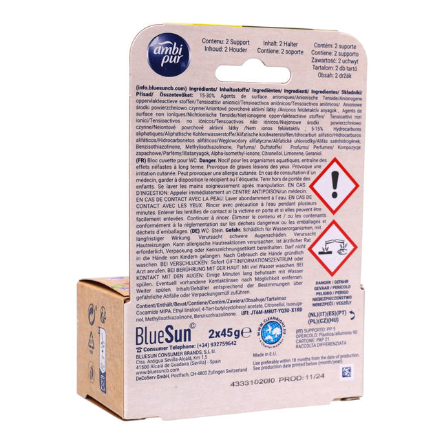 Ambi Pur WC Active Gel-Block ambientador inodoro 2x45 g, Wild Hibiscus, bloque gel activo con soporte, espuma limpiadora y efecto brillo, eco pack caja cartón
