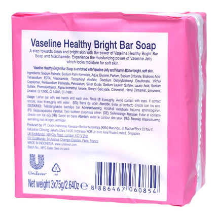 Vaseline Healthy Bright jabón en pastilla 3x75 g con vitamina B3 y Vaseline Jelly, pack de limpieza, hidratación e iluminación intensa para rostro y cuerpo