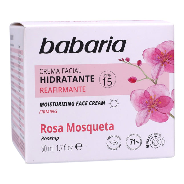 Babaria Crema Facial Hidratante Reafirmante Rosa Mosqueta SPF15 50 ml – Hidratación diaria, firmeza y protección solar