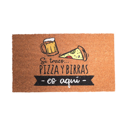 Felpudo de Coco Divertido “Si traes pizza y birras, es aquí” 70x40 cm Fibra de coco natural con base antideslizante PVC | Alfombrilla entrada interior/exterior protegido