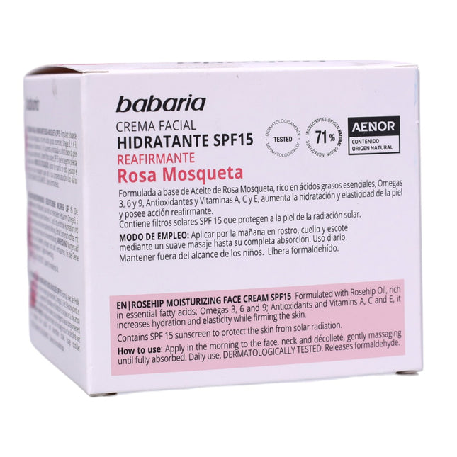 Babaria Crema Facial Hidratante Reafirmante Rosa Mosqueta SPF15 50 ml – Hidratación diaria, firmeza y protección solar