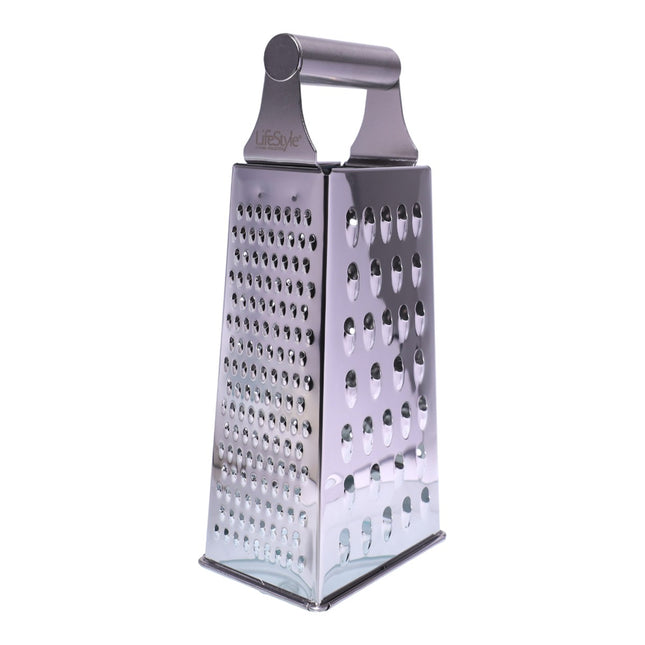LifeStyle rallador de cocina 4 caras de acero inoxidable, rallador manual de queso y verduras con asa superior, 21,5 cm de alto, base 9 x 7 cm