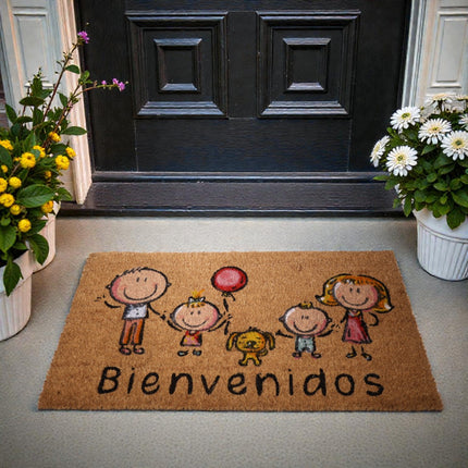 Felpudo “Bienvenidos” Familia – 70x40 cm Fibra de coco natural con base antideslizante PVC | Alfombrilla entrada interior/exterior protegido