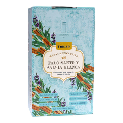 Incienso Tulasi Masala Exclusiva Palo Santo y Salvia Blanca - Varillas de Incienso Masala Exclusiva, Aroma Equilibrante y Relajante 12 cajitas de 15 gramos
