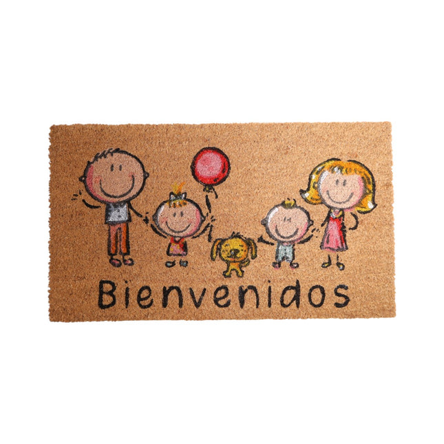 Felpudo “Bienvenidos” Familia – 70x40 cm Fibra de coco natural con base antideslizante PVC | Alfombrilla entrada interior/exterior protegido