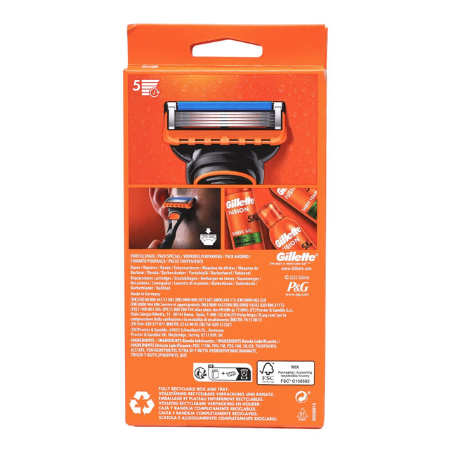 Gillette Fusion5 Maquinilla de Afeitar Hombre Value Pack, 1 Mango + 5 Recambios, 5 Hojas de Precisión, Afeitado Apurado y Cómodo