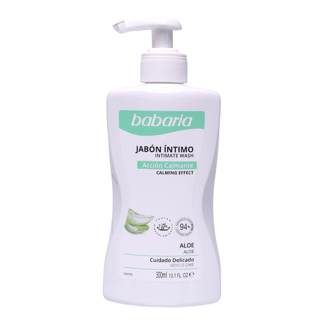 Babaria Jabón Íntimo Aloe con Ácido Láctico – Efecto Calmante, pH fisiológico, 94% origen natural, higiene íntima diaria para piel sensible – 300 ml con dosificador