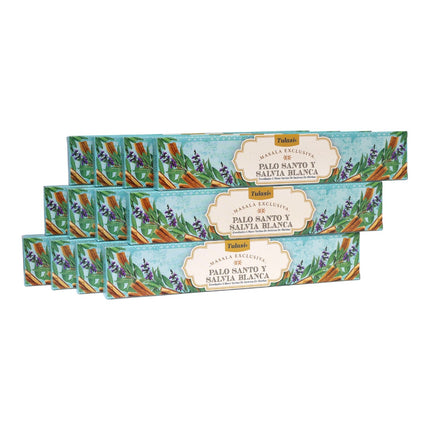 Incienso Tulasi Masala Exclusiva Palo Santo y Salvia Blanca - Varillas de Incienso Masala Exclusiva, Aroma Equilibrante y Relajante 12 cajitas de 15 gramos