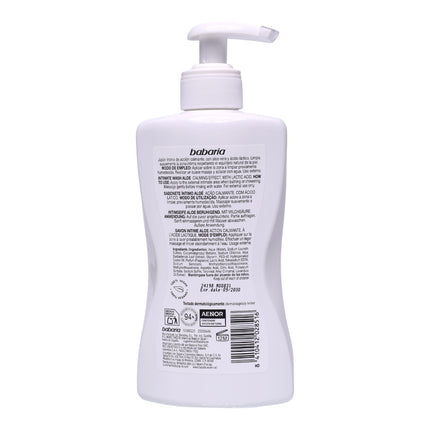 Babaria Jabón Íntimo Aloe con Ácido Láctico – Efecto Calmante, pH fisiológico, 94% origen natural, higiene íntima diaria para piel sensible – 300 ml con dosificador