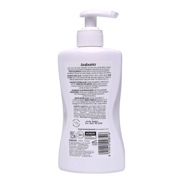 Babaria Jabón Íntimo Aloe con Ácido Láctico – Efecto Calmante, pH fisiológico, 94% origen natural, higiene íntima diaria para piel sensible – 300 ml con dosificador