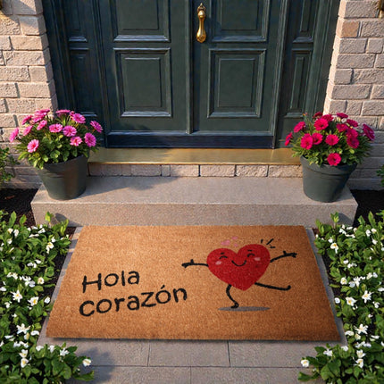 Felpudo de Coco “Hola Corazón” 70x40 cm Bienvenida romántica para tu puerta - Fibra de coco natural con base antideslizante PVC | Alfombrilla entrada interior/exterior protegido
