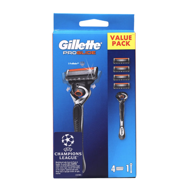 Gillette ProGlide Maquinilla de Afeitar para Hombre – Value Pack UEFA Champions League, 1 Mango + 4 Cuchillas, 5 Hojas con FlexBall, Afeitado Suave y Preciso